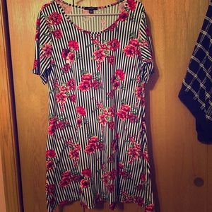 Black & White Striped Floral T-shirt Dress
